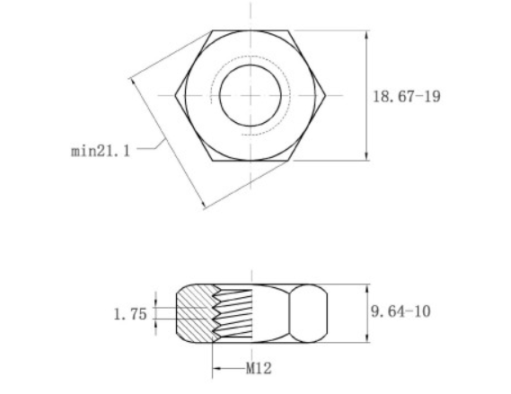 Tán Thép Mạ Kẽm Trắng Cr3+ 8.8 DIN934 M12_drawing