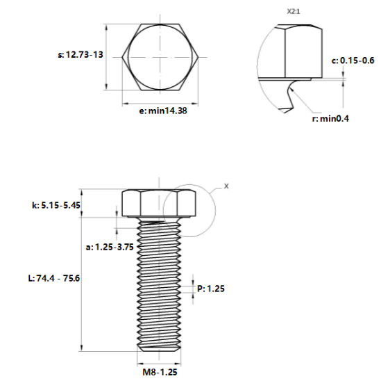 Bulong Đầu Lục Giác Thép Đen 8.8 DIN933 M8x75_drawing