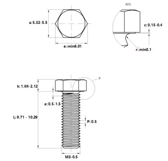 Bulong Đầu Lục Giác Thép Đen 8.8 DIN933 M3x10_drawing