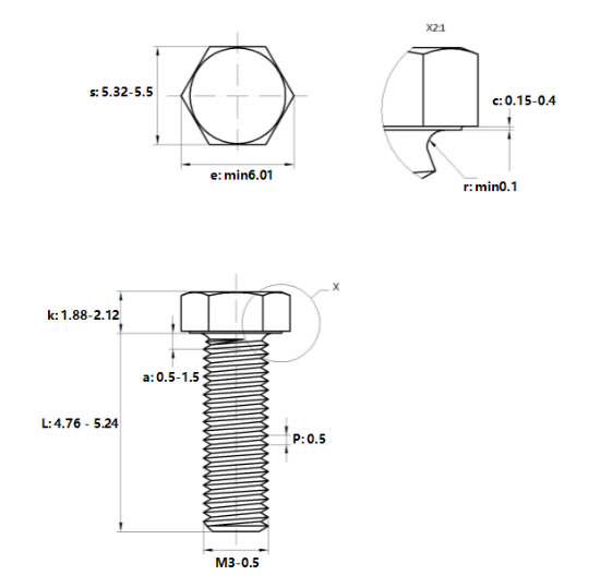 Bulong Nhựa Nylon DIN933 M3x5_drawing