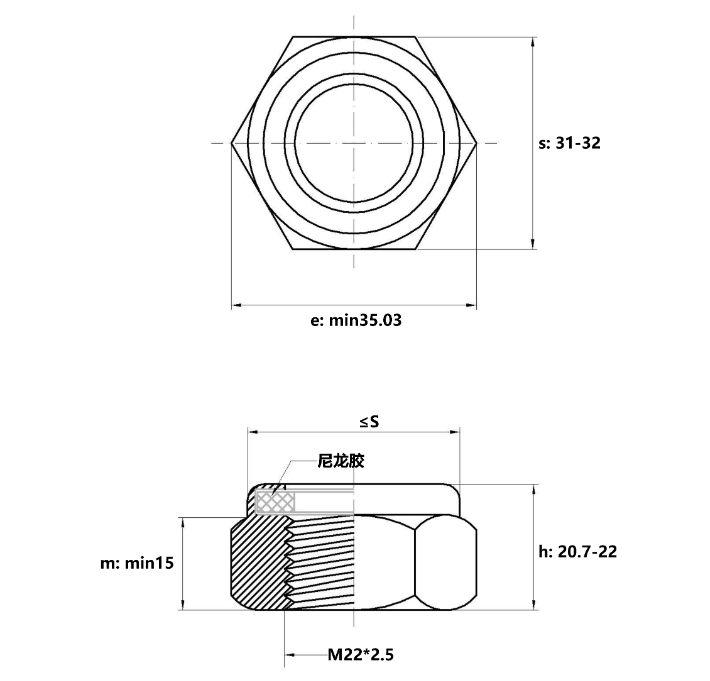 Tán Keo Thép Mạ Kẽm Trắng Cr3+ 8.8 DIN985 M22_drawing