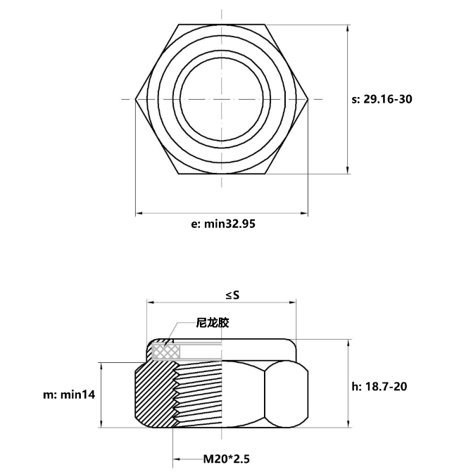 Tán Keo Thép Mạ Kẽm Trắng Cr3+ 8.8 DIN985 M27_drawing