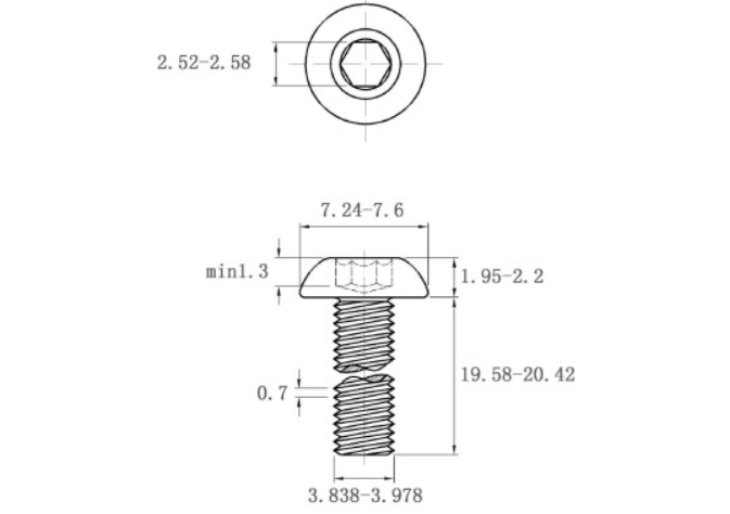 Lục Giác Chìm Mo Thép Mạ Kẽm Trắng Cr3+ 10.9 ISO7380 M4x20_drawing