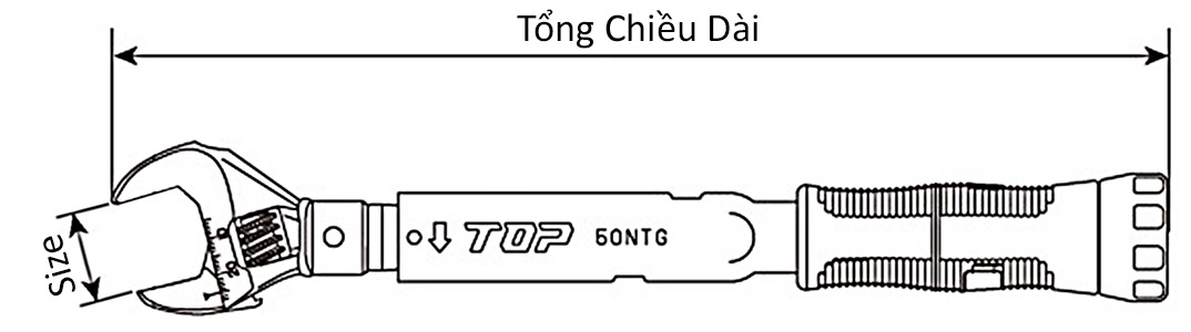 Cờ Lê Lực Hiển Thị Số Đầu Vặn Kiểu Mỏ Lết Top Kogyo DH340-22BN_drawing