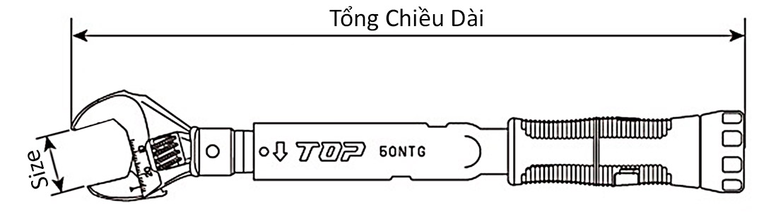 Cờ Lê Lực Đầu Vặn Kiểu Mỏ Lết 15 mm Top Kogyo HY-100NTG_drawing