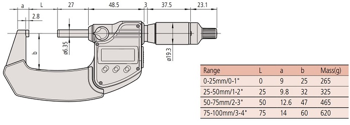 Panme đo ngoài điện tử Mitutoyo 293-185-30 (0-25mm/0-1inch; x0.001mm)_drawing