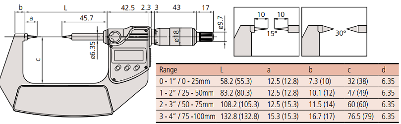 Panme điện tử đầu nhọn Mitutoyo 342-262-30 (25-50mm/0.001mm) loại 30°_drawing