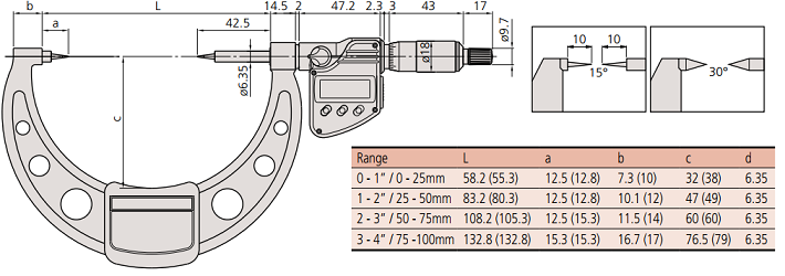 Panme cơ khí đầu nhọn Mitutoyo 112-153 (0-25mm/0.01mm) loại 15°_drawing