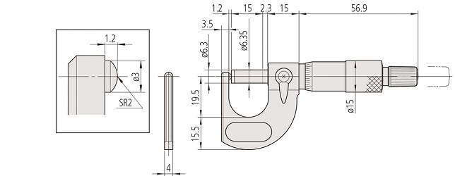 Panme cơ khí đo ống 0-25mm Mitutoyo 115-115 (1 đầu cầu)_drawing
