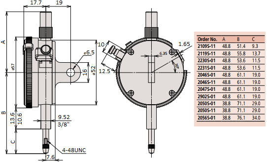 Đồng hồ so kiểu cơ Mitutoyo 2046SB (0-10mm/0.01mm) lưng phẳng_drawing
