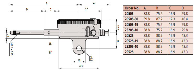 Đồng hồ so kiểu cơ Mitutoyo 2050S-19 (0-20mm/0.01mm) chống sốc_drawing