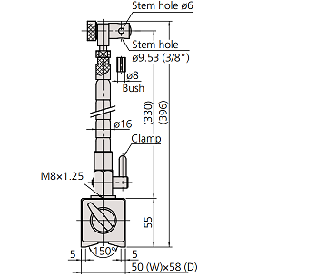 Đế từ gá đồng hồ so Mitutoyo 7012-10 (ø6mm,ø8mm, ø9.53mm) khớp dây rút_drawing