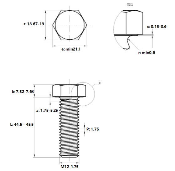 Bulong Mạ Kẽm 8.8 DIN933 M12x45_drawing