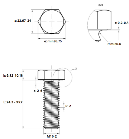 Bulong Inox 304 DIN933 M16x95_drawing