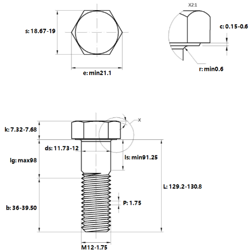 Bulong Thép Đen 8.8 DIN931 M12x130 Ren Lửng_drawing