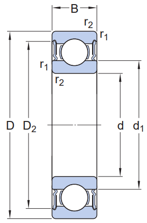 Vòng Bi Cầu Rãnh Sâu SKF 6026-2RS1 (130x200x33) Phốt Cao Su NBR Tiếp Xúc (Hai Bên)_drawing
