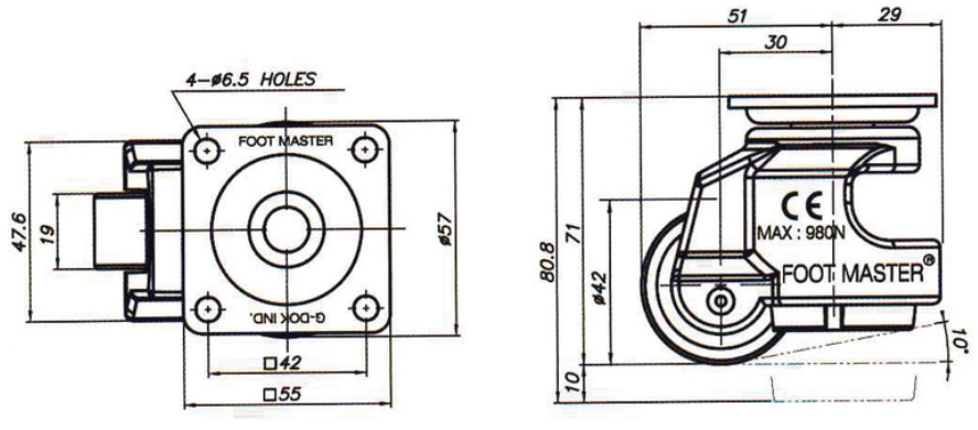 Bánh Xe Nylon Điều Chỉnh Độ Cao Footmaster GDN-40F-NYN (Plate Type)_drawing