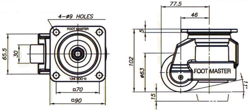 Bánh Xe Nylon Điều Chỉnh Độ Cao Footmaster GDN-80F-NYN (Plate Type)_drawing