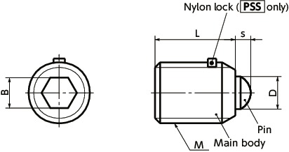 Vít Bi Nhún Thép Mạ Đen M5 Có Khoá NyLon NBK Dòng PSS-2_drawing
