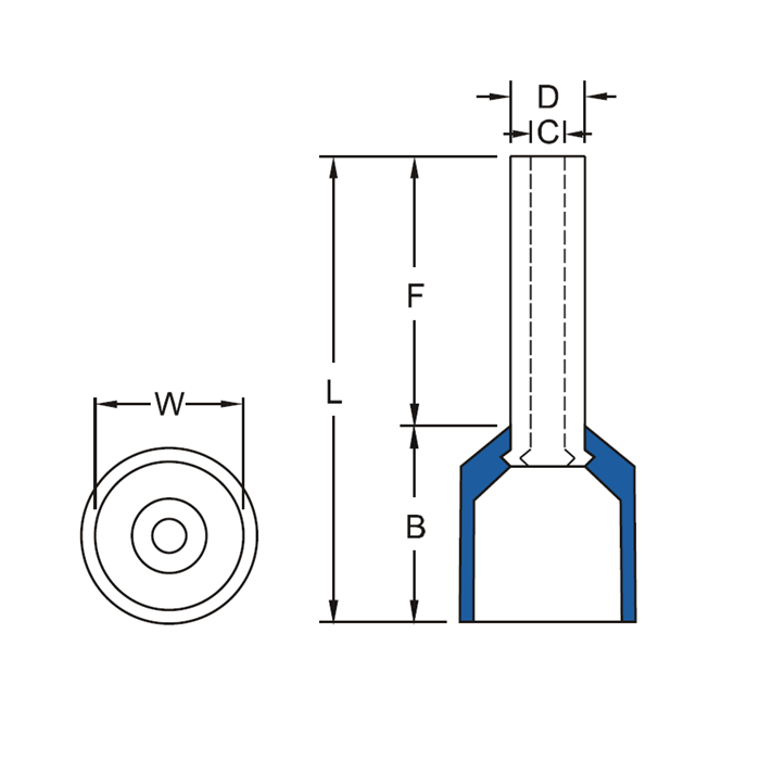 Đầu Cosse Pin Rỗng Bọc Nhựa 150 mm2 Màu Vàng KST E150-27-YELLOW_drawing