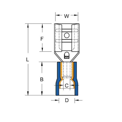 Đầu Cosse Ghim Cái Double Crimp Cách Điện Toàn Phần Màu Xanh KST 2 mm2 FDD2-250_drawing