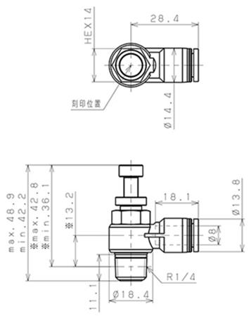Van Tiết Lưu Khí Nén Cong 90° OD 8mm Ren Ngoài R1/4 Pisco JSC8-02A_drawing