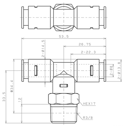 Đầu Nối Nhanh Khí Nén Dạng Chữ T Ren Ngoài Pisco APB8-03-TP_drawing