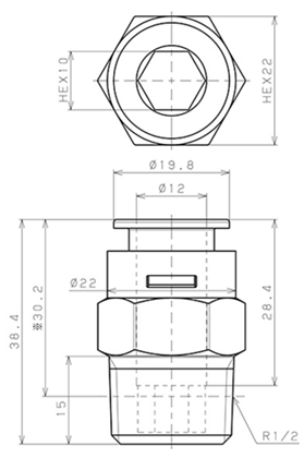 Đầu Nối Nhanh Khí Nén Dạng Thẳng Thân Lục Giác Ren Ngoài Pisco APC12-04_drawing