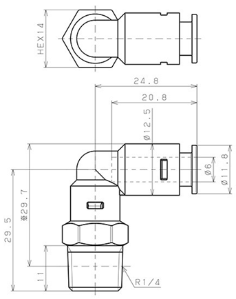 Đầu Nối Nhanh Khí Nén Dạng Cong 90° Ren Ngoài Pisco APL6-02-N-C_drawing