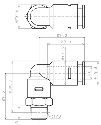 Đầu Nối Nhanh Khí Nén Dạng Cong 90° Ren Ngoài Pisco APL8-01-N_drawing