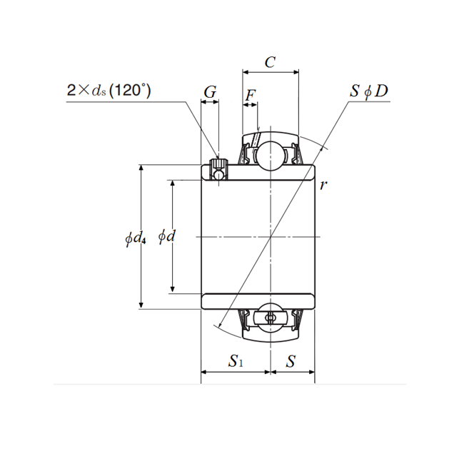 Gối Đỡ Vòng Bi Cầu d40 mm NTN UC208D1_drawing