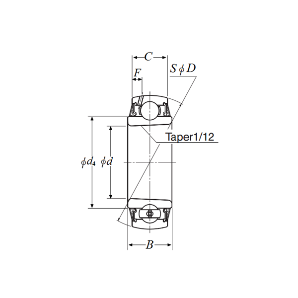 Vòng Bi Cầu Lỗ Côn 30 x62 x26 mm NTN UK206D1_drawing