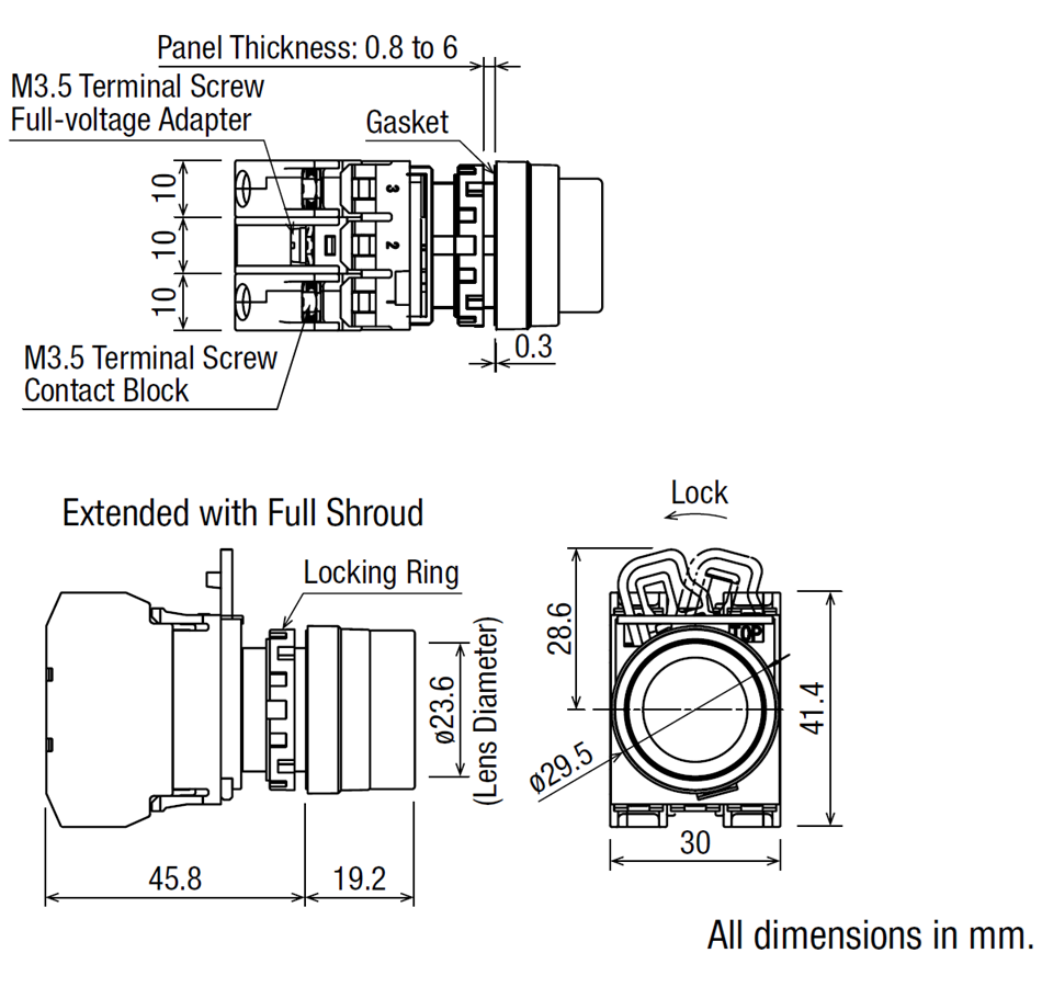 Nút Nhấn IDEC Có Đèn Loại Phẳng Ø22mm 24V AC/DC 1NC YW1L-MF2E01Q4Y Màu Vàng_drawing