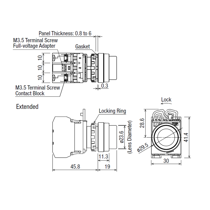 Nút Nhấn IDEC Có Đèn Ø22mm 220V AC/DC 1NC YW1L-M2E01QM3G Màu Xanh Lá_drawing