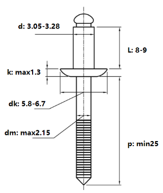 Rivet Inox 304 GB12618 OD3.2x8mm_drawing