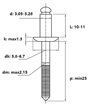 Rivet Inox 304 GB12618 OD3.2x10mm_drawing
