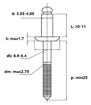 Rivet Inox 304 GB12618 OD4.0x10mm_drawing