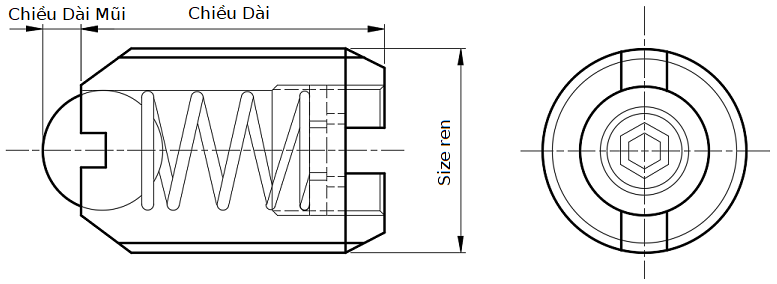 Vít Bi Nhún Inox 303 Đầu Nhựa POM NPCF10_drawing