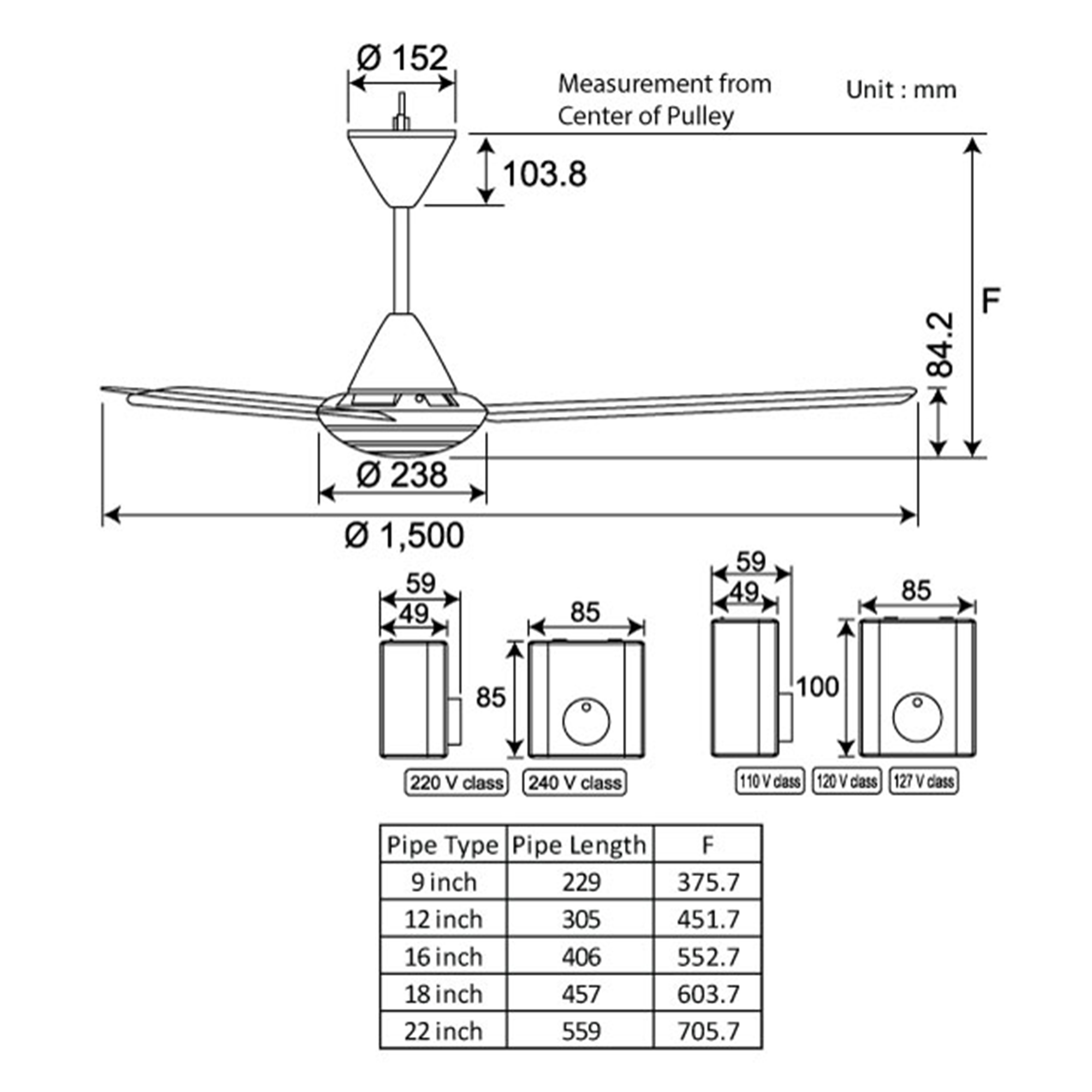 Quạt Trần 3 Cánh Chiều Dài Ty 18inch Panasonic F-60MZ2_drawing