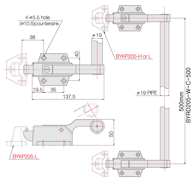 Interlocking Handle BYRD205-W-C-500_drawing