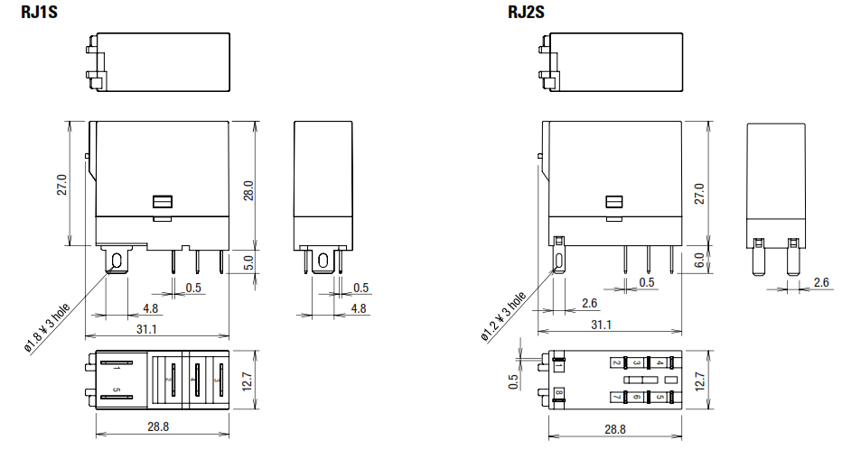 Relay loại nhỏ 12A 24V DC IDEC 1 cực 5 chân dẹp RJ1S-CL-D24_drawing