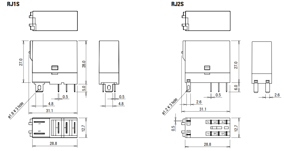 Relay loại nhỏ 12A 230V AC IDEC 1 cực 5 chân dẹp RJ1S-CL-A230_drawing