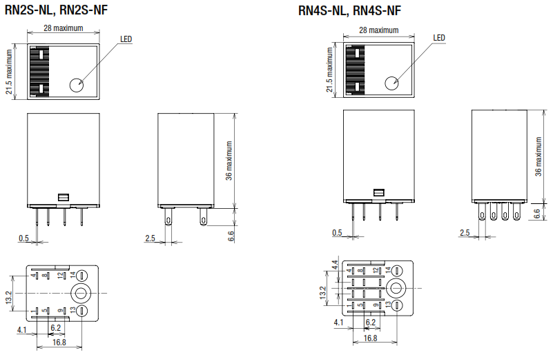 Relay loại tiêu chuẩn 3A 230V AC IDEC 4 cực 14 chân dẹp RN4S-NL-A230_drawing