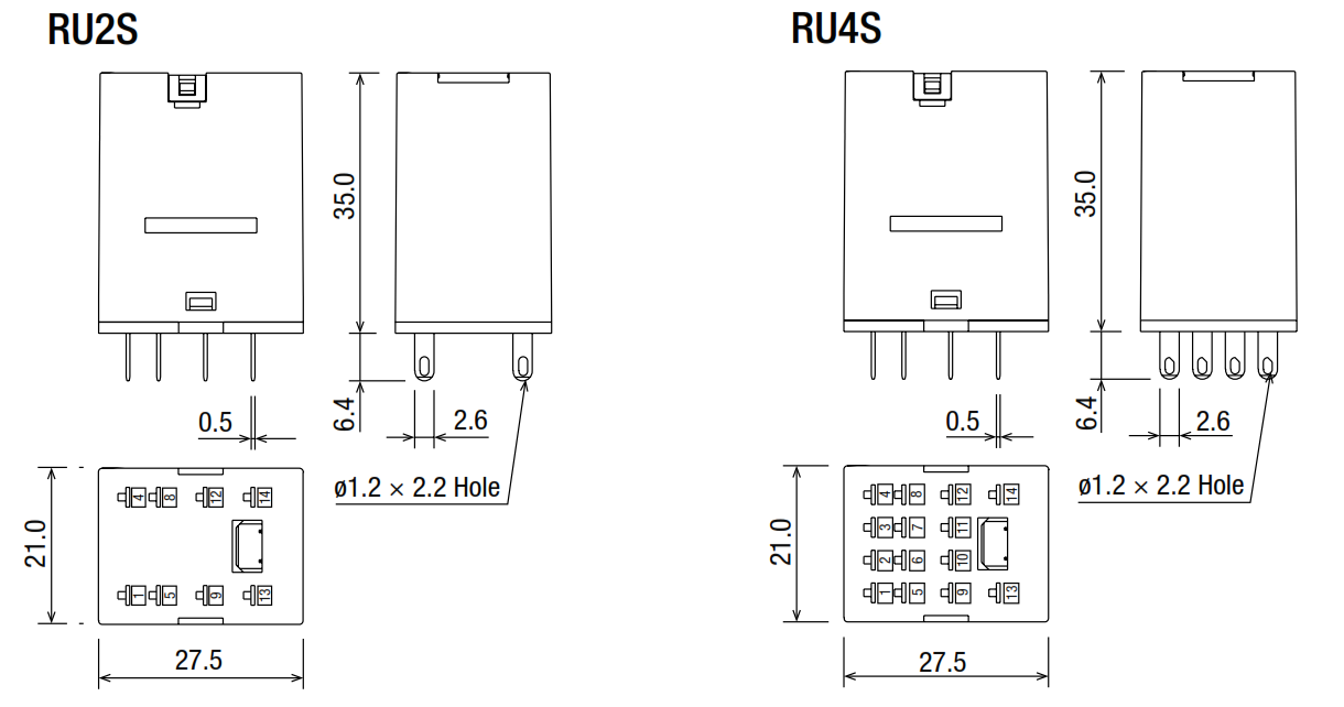Relay loại tiêu chuẩn 6A 24V DC IDEC 4 cực 14 chân dẹp RU4S-D24_drawing