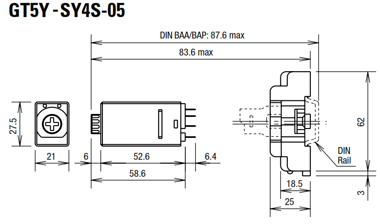 Timer on delay kích thước nhỏ chân dẹp 24V DC IDEC GT5Y-4SN6D24_drawing