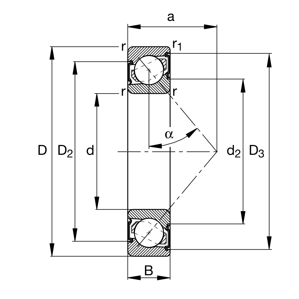 Vòng Bi Cầu Tiếp Xúc Góc FAG 7305-B-XL-2RS-TVP_drawing
