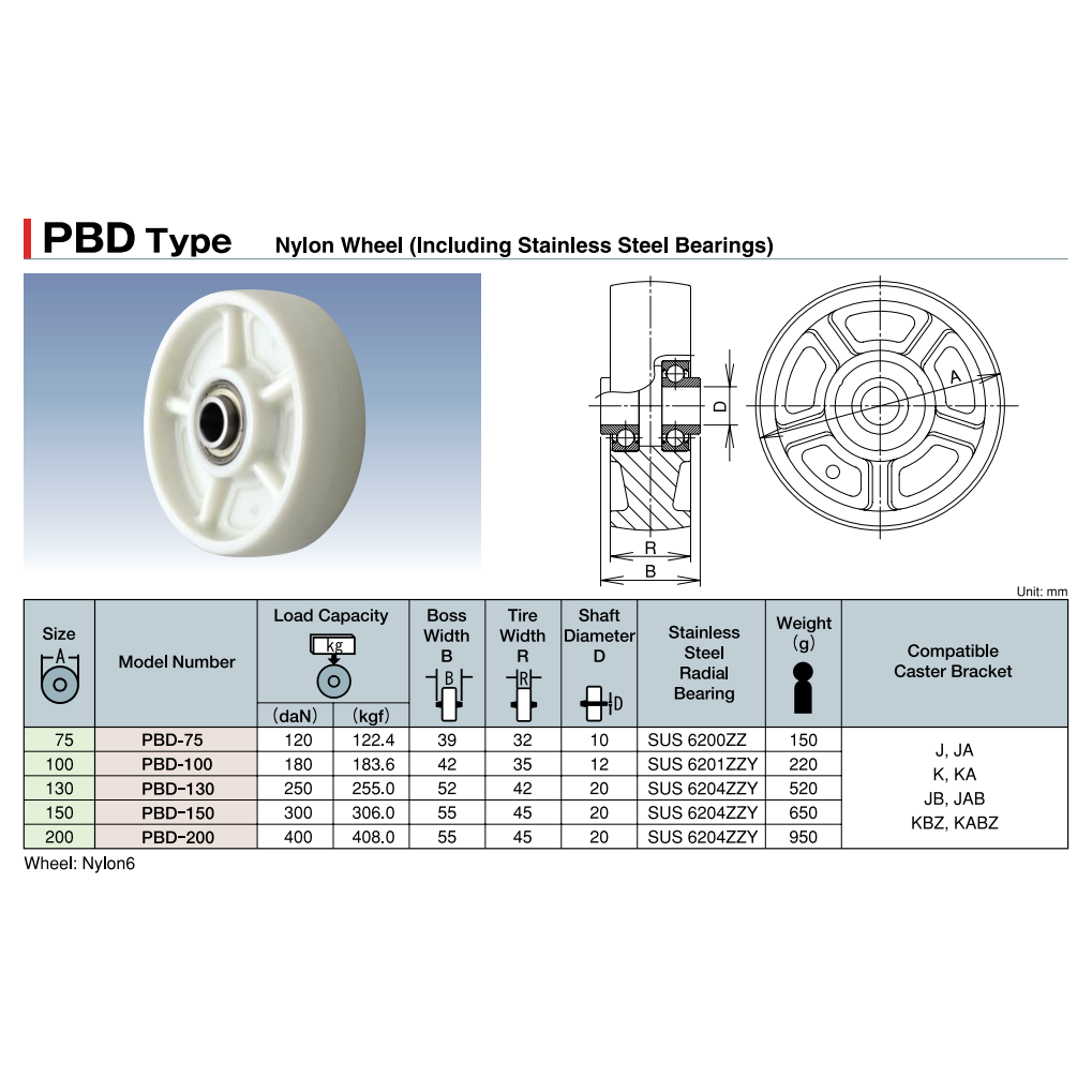 Bánh Xe Nylon (Không Càng) Vòng Bi Inox D100mm UKAI PBD-100_drawing