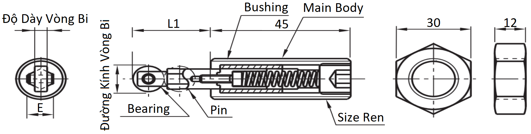 Roller Plungers Hex Screw Heavy Load M20 RBSJ20_drawing