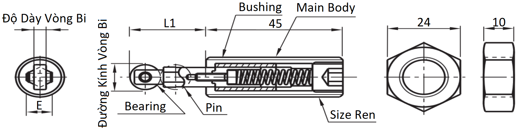 Roller Plungers Hex Screw Heavy Load M16 RBSJ16_drawing