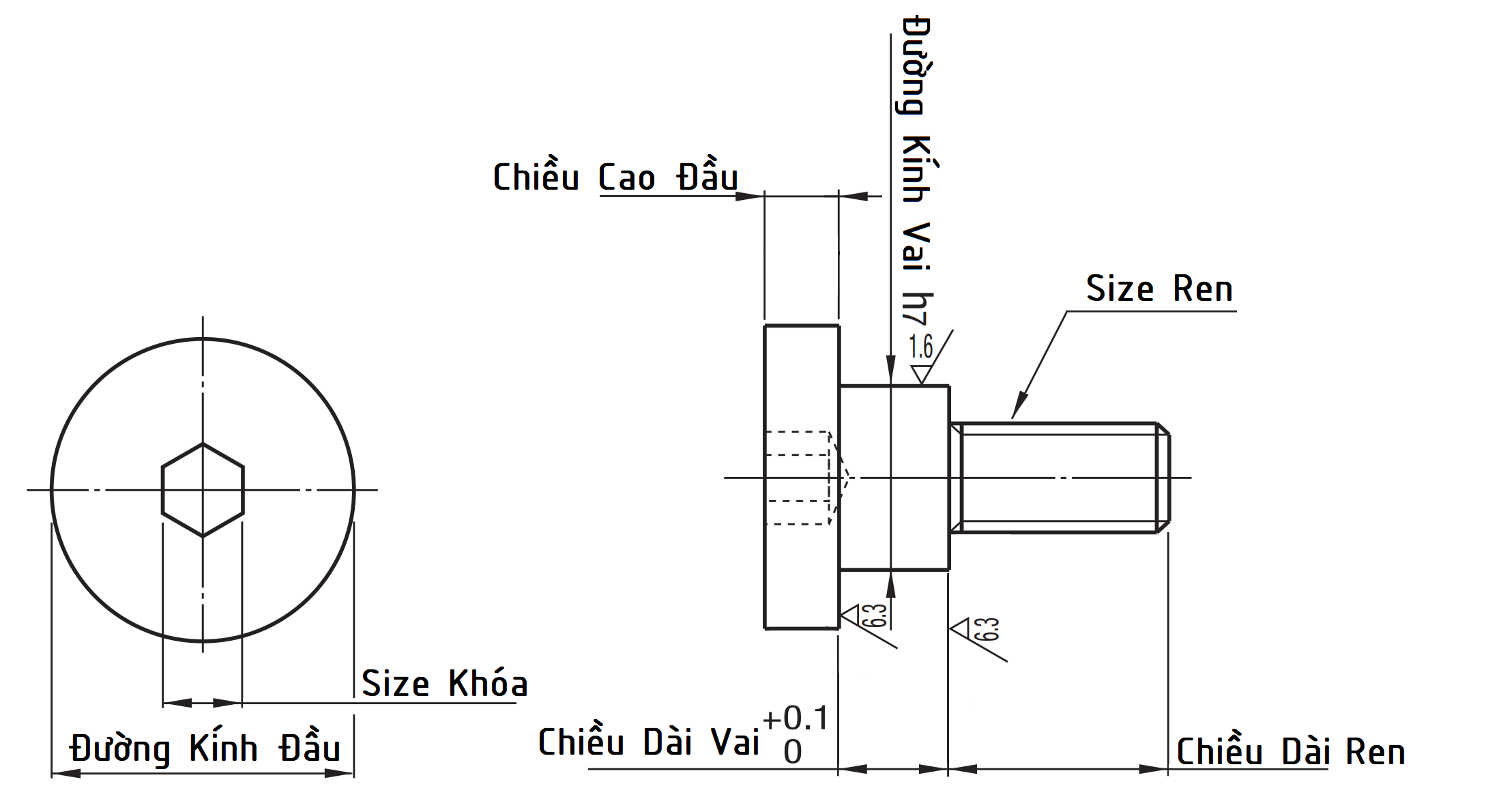 Bulong Dẫn Hướng Đầu Thấp M3x7x5 Inox 303 DBS3-7-5_drawing